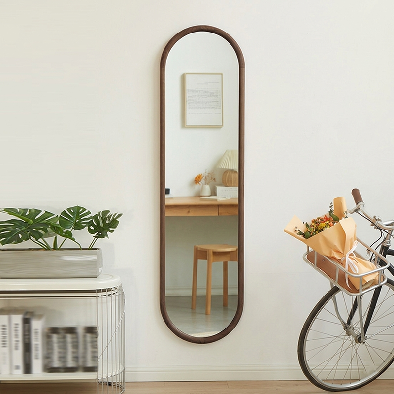 Contemporary Nordic Walnut Cherry Wood & Plywood Glass Oval Wall Mirror With Floor-Standing & Wall-Mounted Design For Entryway, Living Room, Bedroom