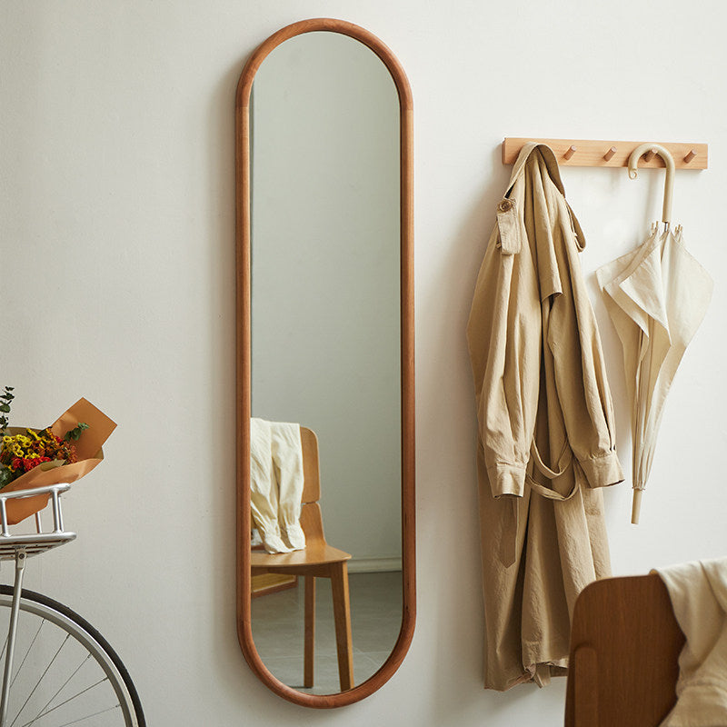 Contemporary Nordic Walnut Cherry Wood & Plywood Glass Oval Wall Mirror With Floor-Standing & Wall-Mounted Design For Entryway, Living Room, Bedroom