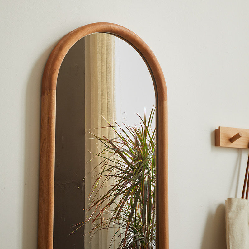 Contemporary Nordic Walnut Cherry Wood & Plywood Glass Oval Wall Mirror With Floor-Standing & Wall-Mounted Design For Entryway, Living Room, Bedroom
