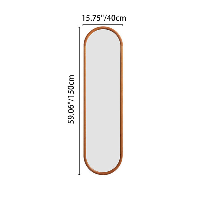 Contemporary Nordic Walnut Cherry Wood & Plywood Glass Oval Wall Mirror With Floor-Standing & Wall-Mounted Design For Entryway, Living Room, Bedroom