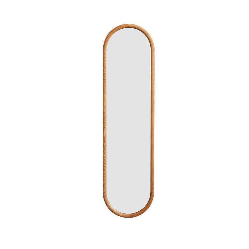 Contemporary Nordic Walnut Cherry Wood & Plywood Glass Oval Wall Mirror With Floor-Standing & Wall-Mounted Design For Entryway, Living Room, Bedroom
