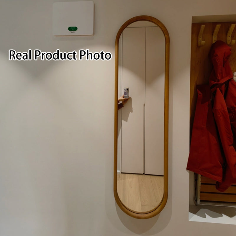 Contemporary Nordic Walnut Cherry Wood & Plywood Glass Oval Wall Mirror With Floor-Standing & Wall-Mounted Design For Entryway, Living Room, Bedroom