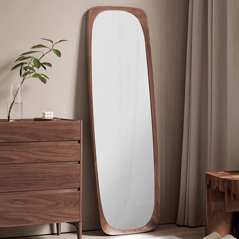 Contemporary Nordic Rectangular Rounded Walnut Solid Wood & Plywood Glass Full-Length Floor Mirror Freestanding & Wall-Mounted For Bedroom Living Room