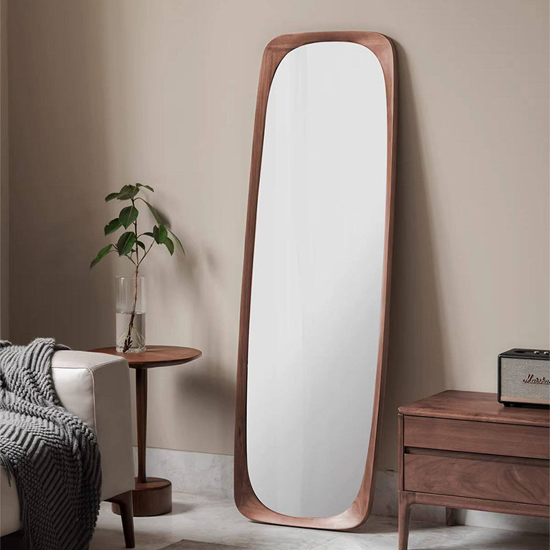 Contemporary Nordic Rectangular Rounded Walnut Solid Wood & Plywood Glass Full-Length Floor Mirror Freestanding & Wall-Mounted For Bedroom Living Room