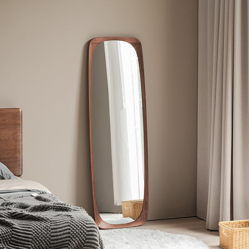 Contemporary Nordic Rectangular Rounded Walnut Solid Wood & Plywood Glass Full-Length Floor Mirror Freestanding & Wall-Mounted For Bedroom Living Room