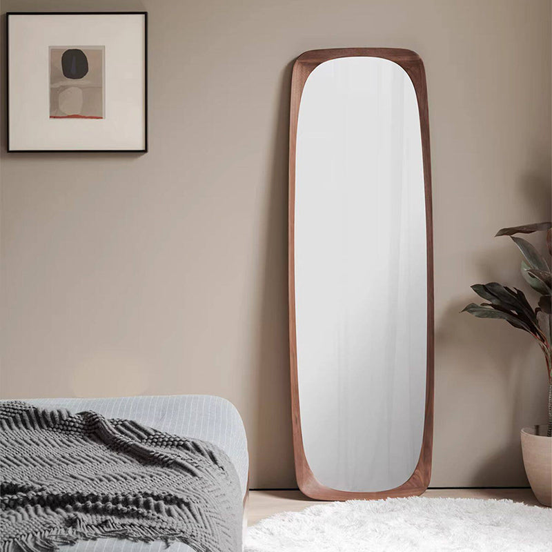 Contemporary Nordic Rectangular Rounded Walnut Solid Wood & Plywood Glass Full-Length Floor Mirror Freestanding & Wall-Mounted For Bedroom Living Room