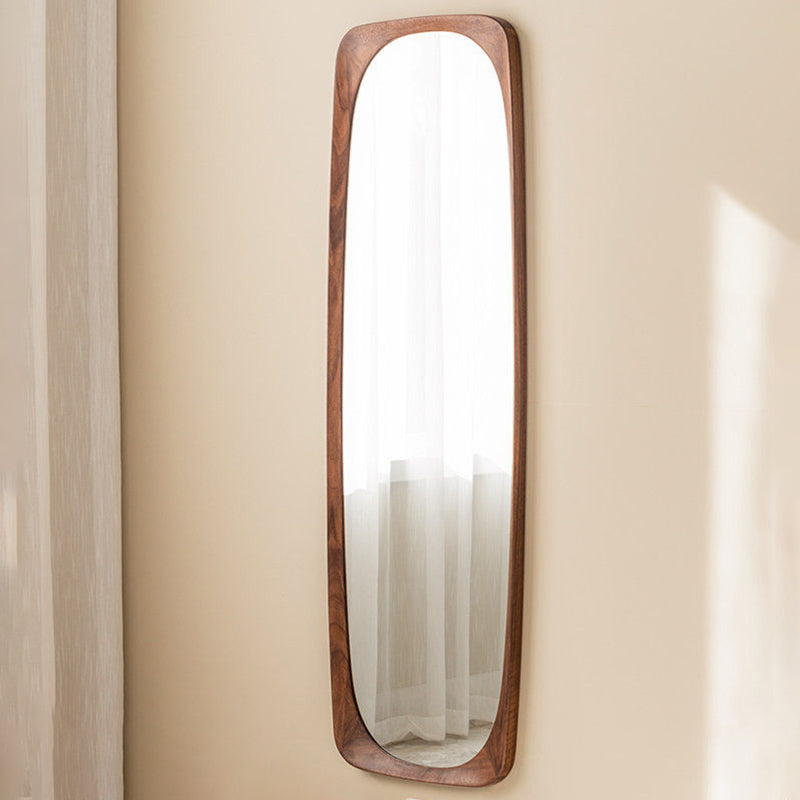 Contemporary Nordic Rectangular Rounded Walnut Solid Wood & Plywood Glass Full-Length Floor Mirror Freestanding & Wall-Mounted For Bedroom Living Room