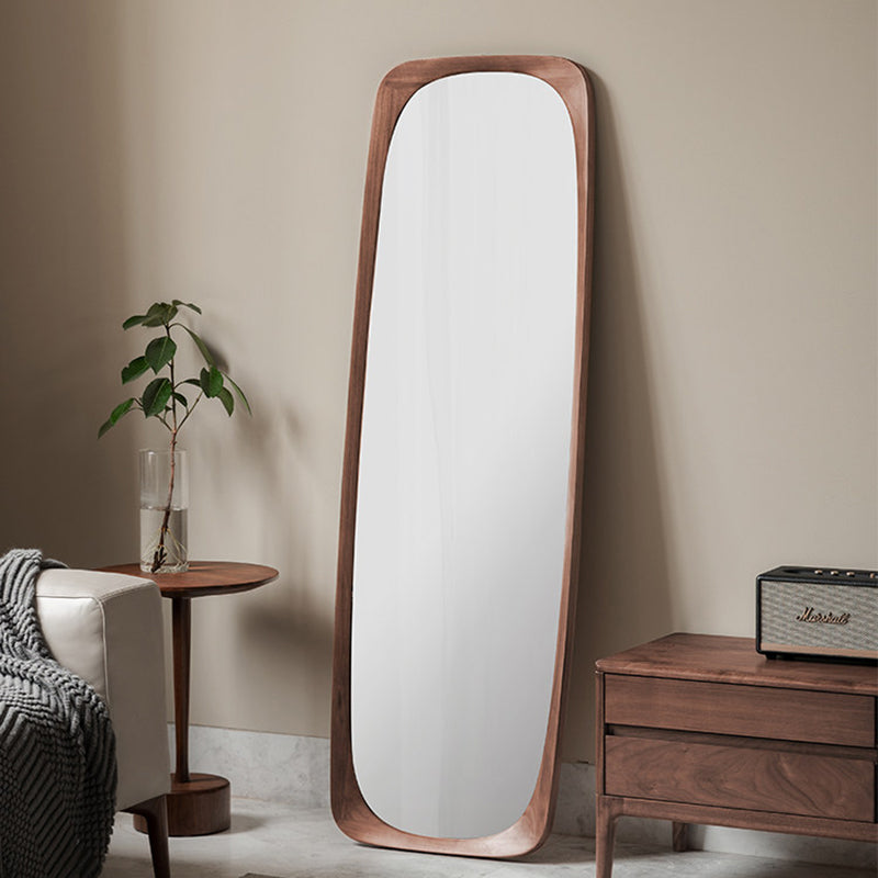 Contemporary Nordic Rectangular Rounded Walnut Solid Wood & Plywood Glass Full-Length Floor Mirror Freestanding & Wall-Mounted For Bedroom Living Room