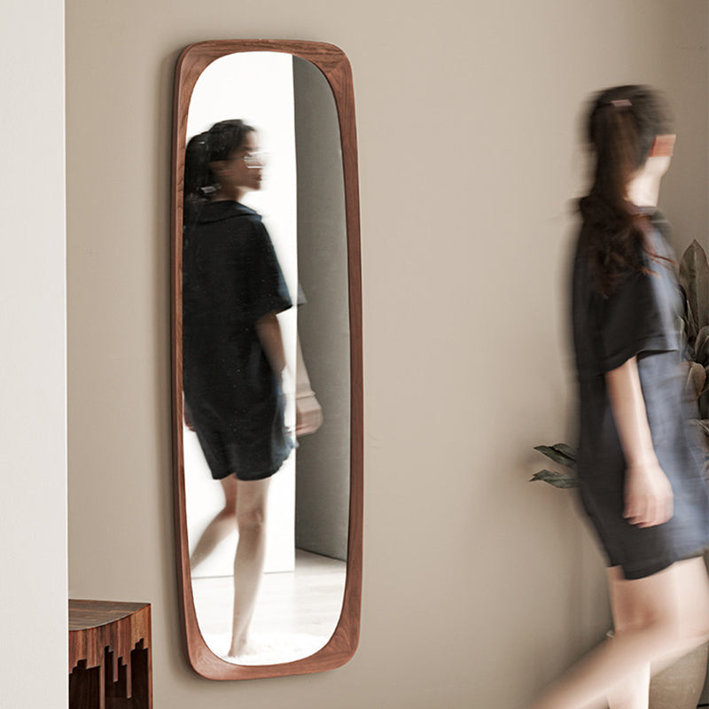 Contemporary Nordic Rectangular Rounded Walnut Solid Wood & Plywood Glass Full-Length Floor Mirror Freestanding & Wall-Mounted For Bedroom Living Room