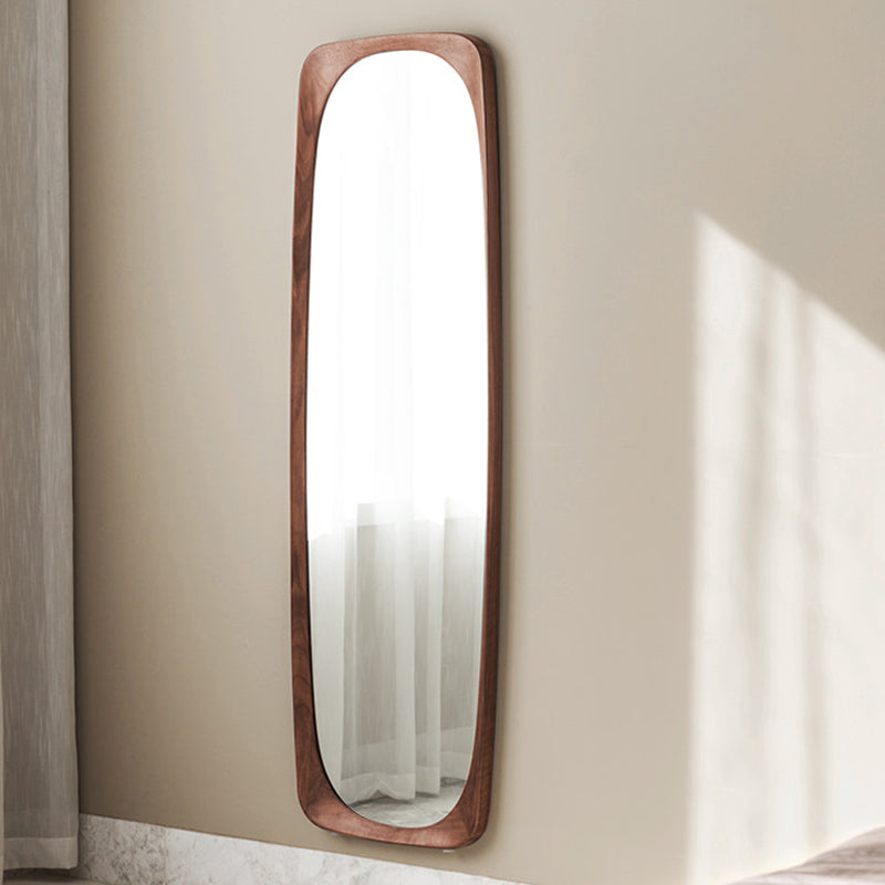 Contemporary Nordic Rectangular Rounded Walnut Solid Wood & Plywood Glass Full-Length Floor Mirror Freestanding & Wall-Mounted For Bedroom Living Room