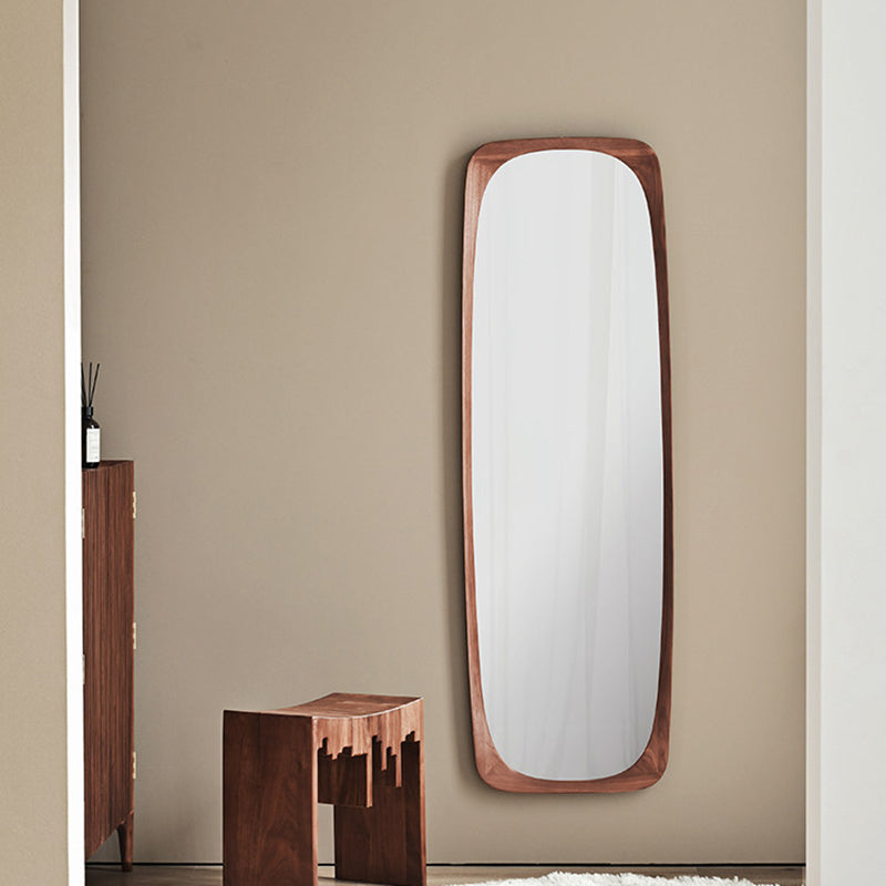 Contemporary Nordic Rectangular Rounded Walnut Solid Wood & Plywood Glass Full-Length Floor Mirror Freestanding & Wall-Mounted For Bedroom Living Room