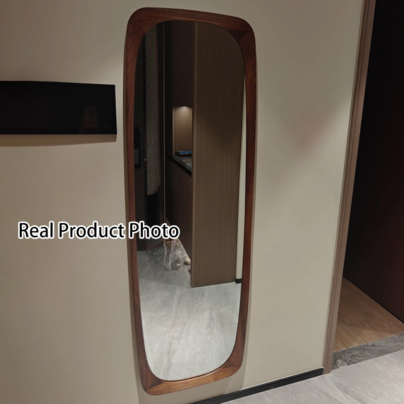 Contemporary Nordic Rectangular Rounded Walnut Solid Wood & Plywood Glass Full-Length Floor Mirror Freestanding & Wall-Mounted For Bedroom Living Room