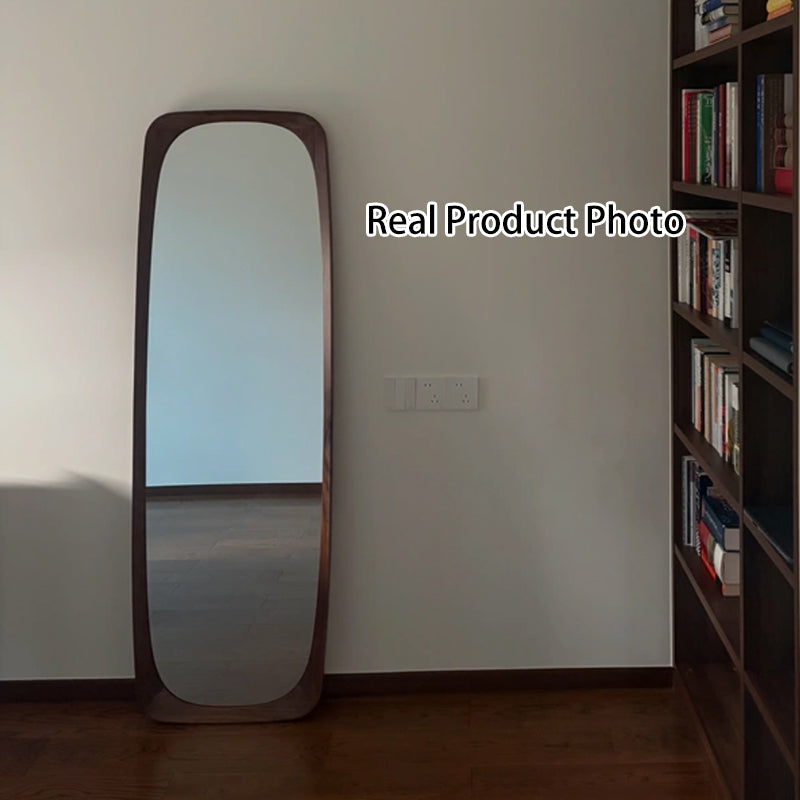 Contemporary Nordic Rectangular Rounded Walnut Solid Wood & Plywood Glass Full-Length Floor Mirror Freestanding & Wall-Mounted For Bedroom Living Room