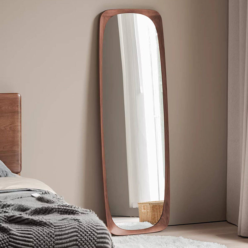 Contemporary Nordic Rectangular Rounded Walnut Solid Wood & Plywood Glass Full-Length Floor Mirror Freestanding & Wall-Mounted For Bedroom Living Room