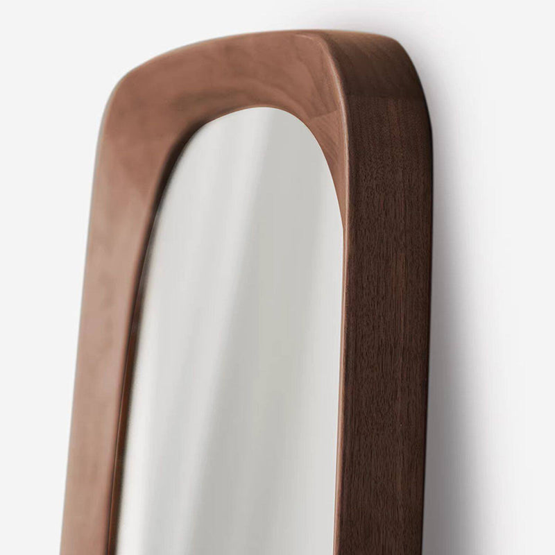 Contemporary Nordic Rectangular Rounded Walnut Solid Wood & Plywood Glass Full-Length Floor Mirror Freestanding & Wall-Mounted For Bedroom Living Room