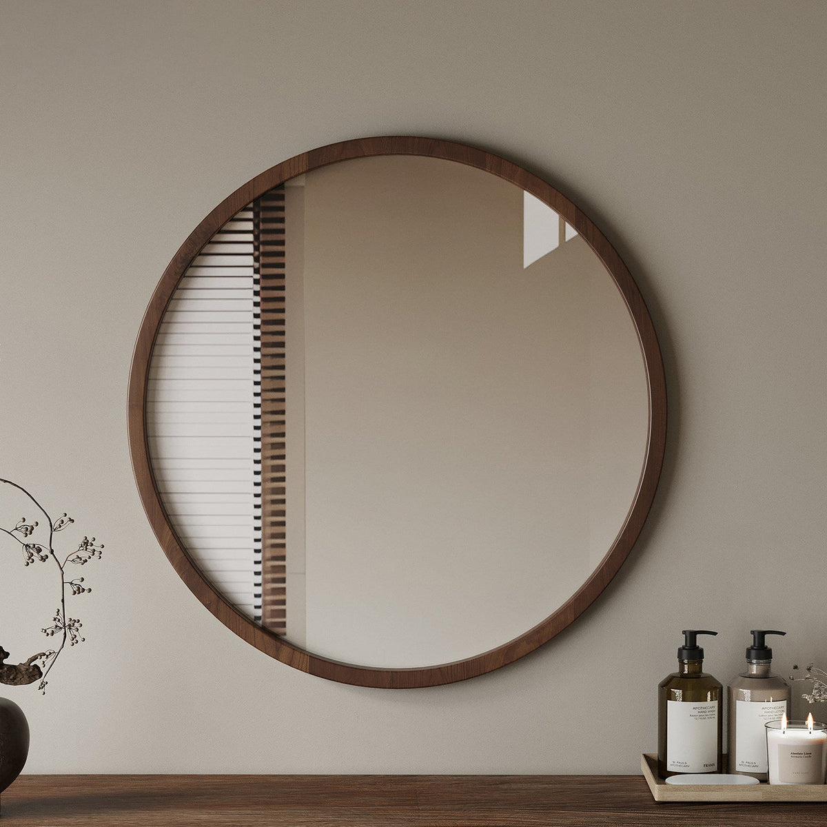 Modern Minimalist Rubber Wood Round HD Makeup Mirror For Bedroom & Bathroom Wall Mounted Or Leaning