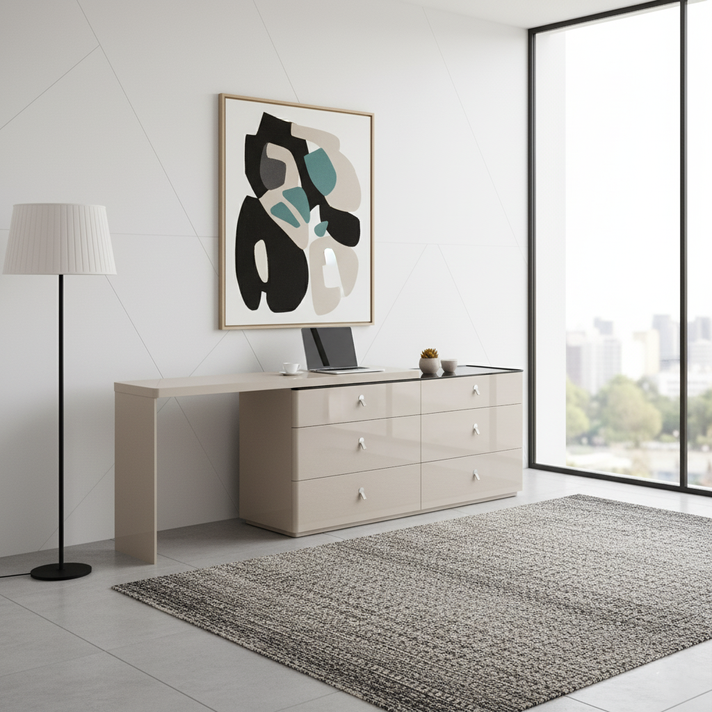 Modern Adjustable-Length E1 MDF Storage Cabinet With 6 Drawers - Minimalist Rectangular Makeup Vanity For Bedroom & Home Office