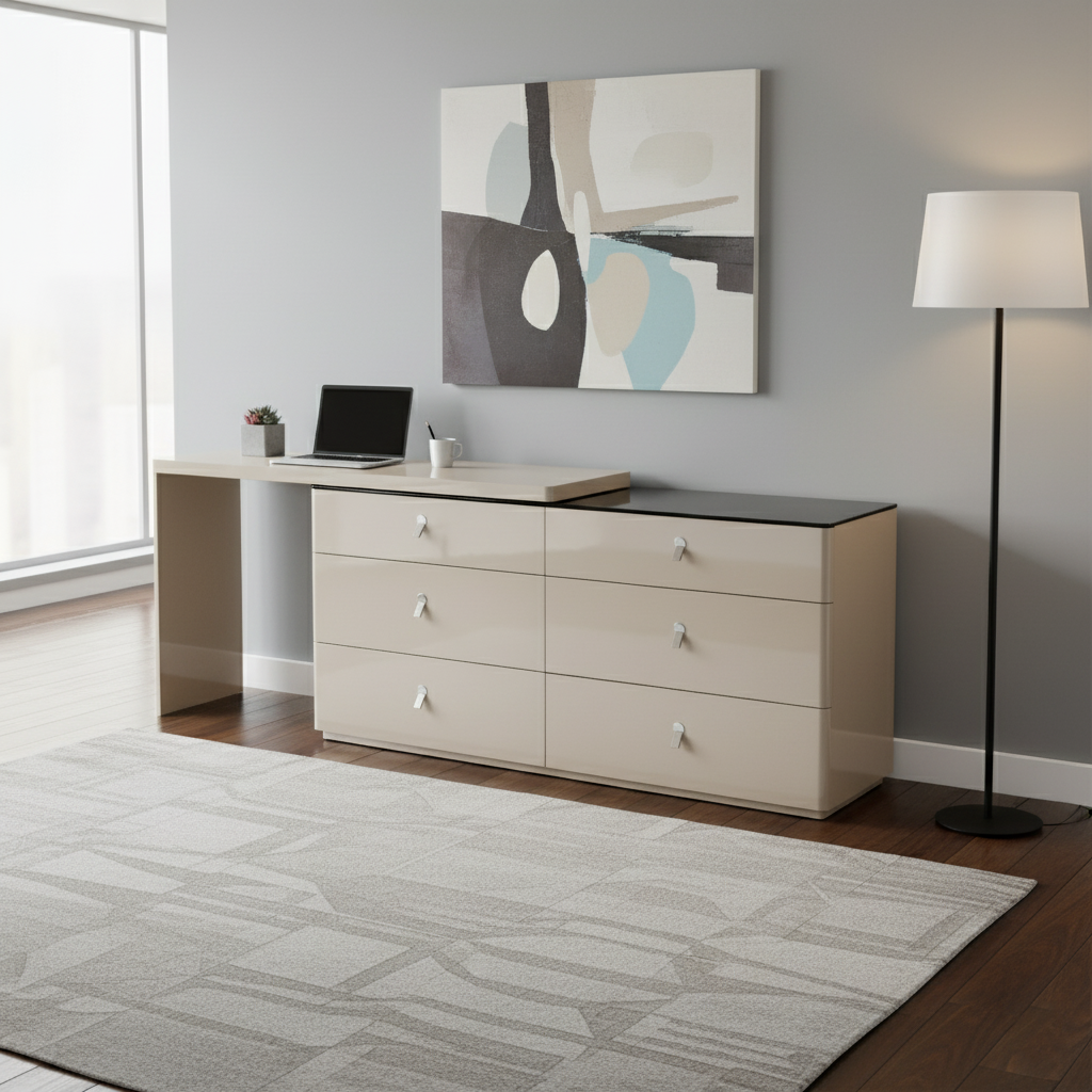 Modern Adjustable-Length E1 MDF Storage Cabinet With 6 Drawers - Minimalist Rectangular Makeup Vanity For Bedroom & Home Office