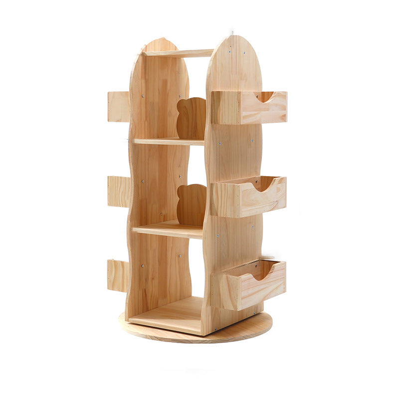 Modern Minimalist Solid Wood Rounded Corner Kids Swivel Bookshelf With 4-Tier For Home Office And Living Room
