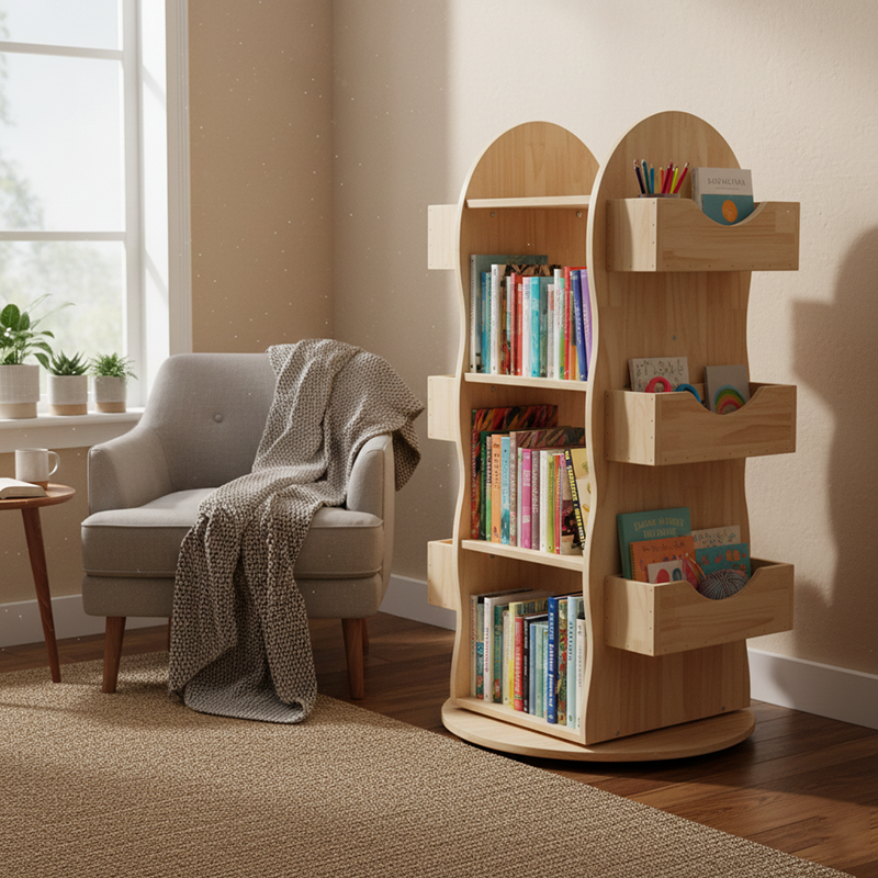 Modern Minimalist Solid Wood Rounded Corner Kids Swivel Bookshelf With 4-Tier For Home Office And Living Room