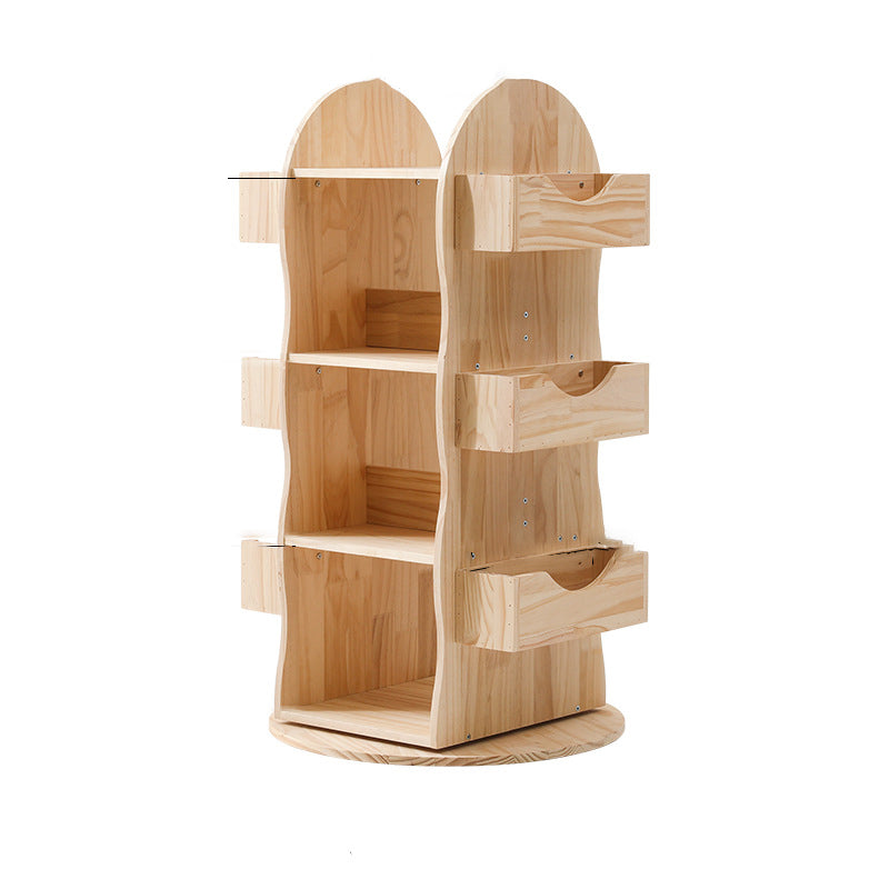 Modern Minimalist Solid Wood Rounded Corner Kids Swivel Bookshelf With 4-Tier For Home Office And Living Room