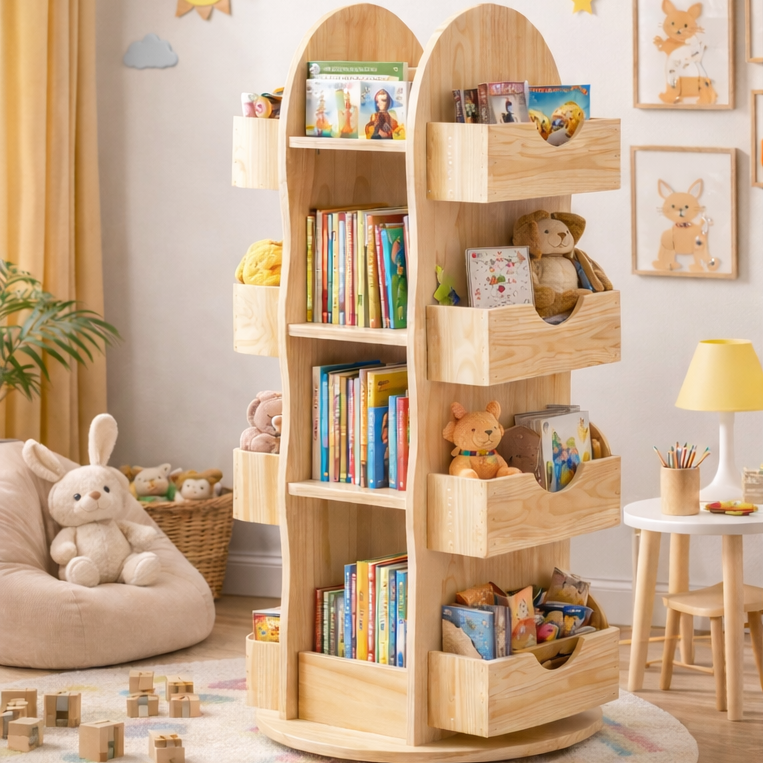 Modern Minimalist Solid Wood Rounded Corner Kids Swivel Bookshelf With 4-Tier For Home Office And Living Room