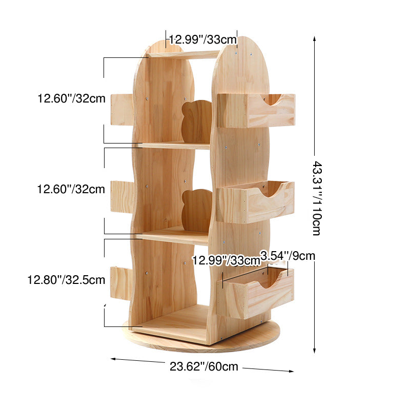 Modern Minimalist Solid Wood Rounded Corner Kids Swivel Bookshelf With 4-Tier For Home Office And Living Room