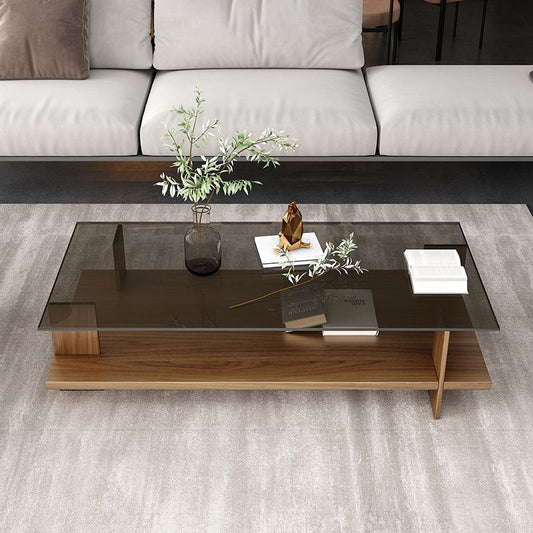 Modern Minimalist Tempered Glass & Particle Board Rectangular Coffee Table 2-Tier For Living Room
