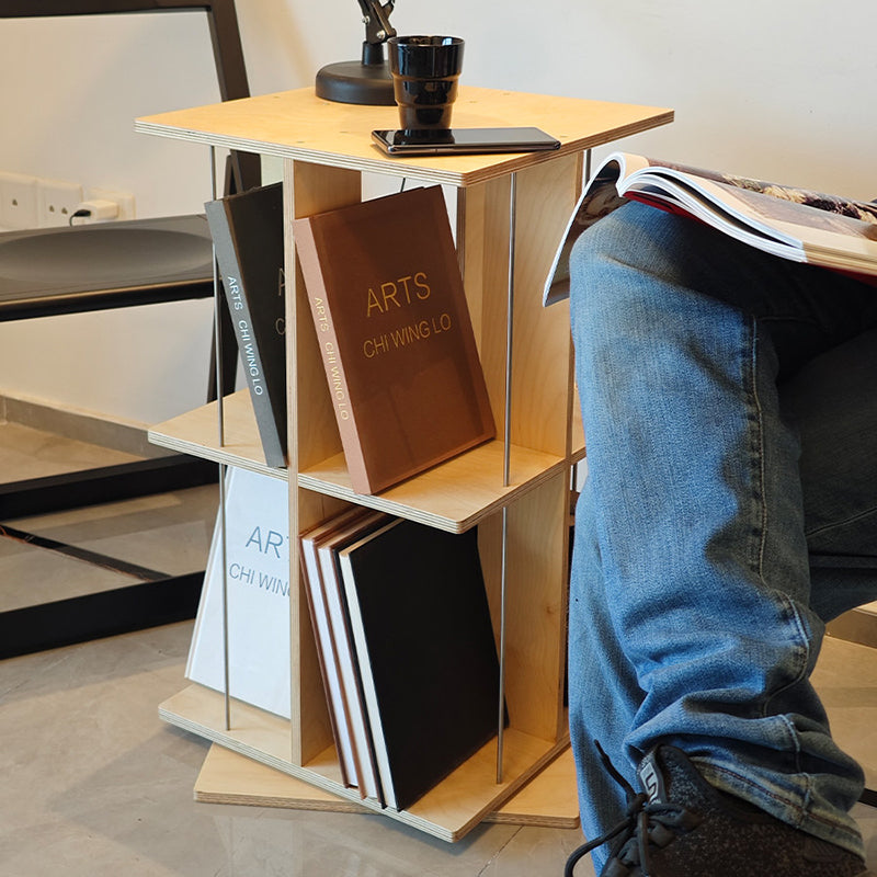 Modern Minimalist Rounded Edges Birch Plywood Stainless Steel Rotating Square Bookshelf With 3/6-Tier Storage Organizer For Living Room & Home Office