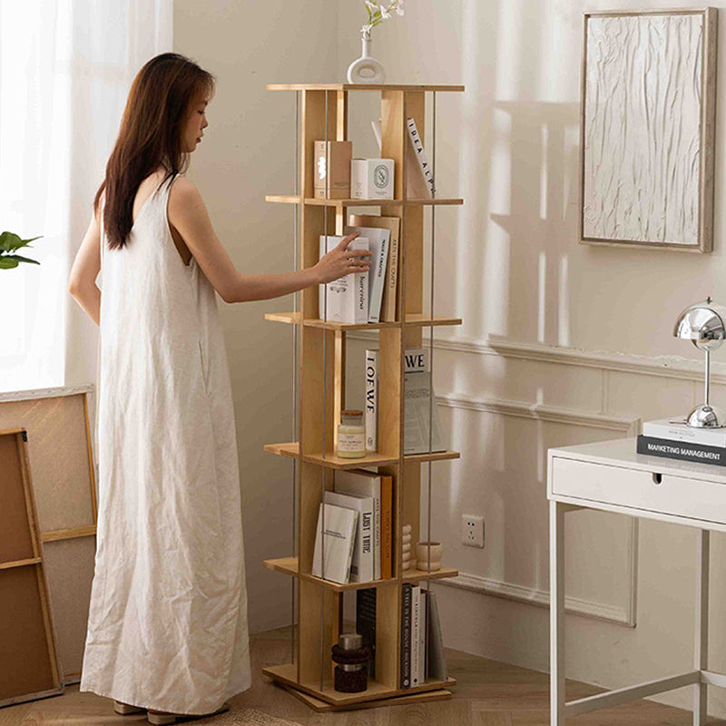 Modern Minimalist Rounded Edges Birch Plywood Stainless Steel Rotating Square Bookshelf With 3/6-Tier Storage Organizer For Living Room & Home Office