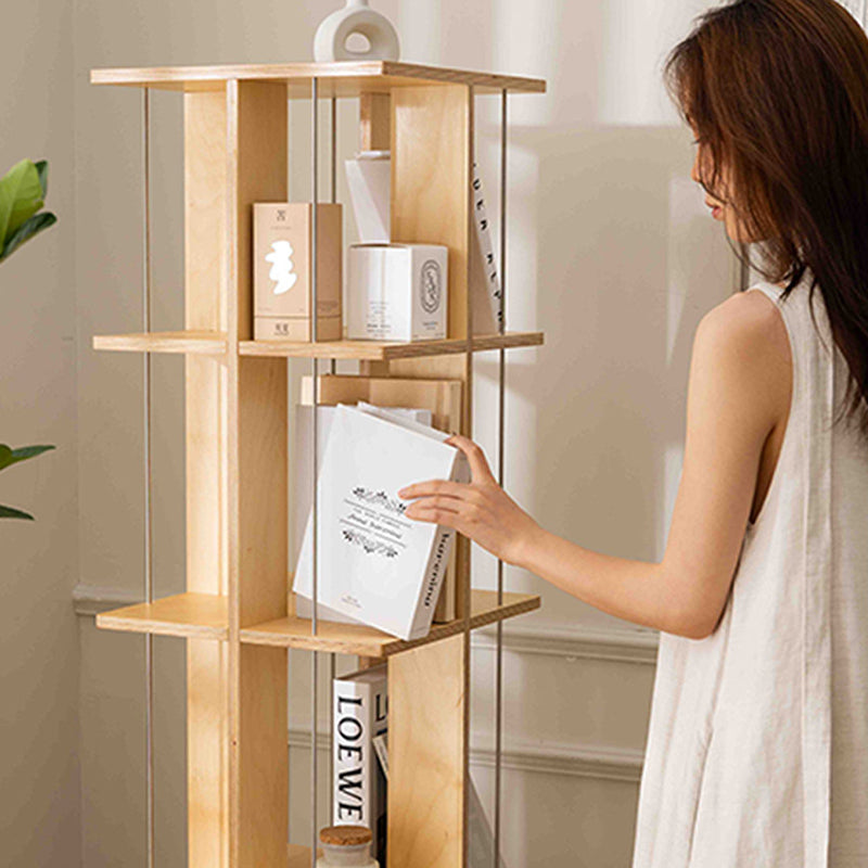 Modern Minimalist Rounded Edges Birch Plywood Stainless Steel Rotating Square Bookshelf With 3/6-Tier Storage Organizer For Living Room & Home Office