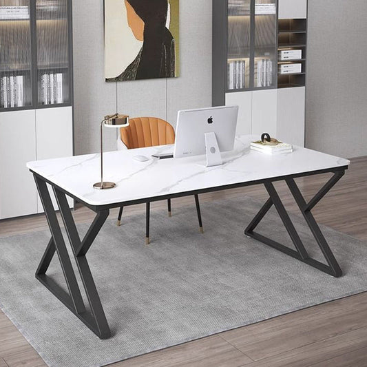 Stone Slab Top Office Desk with Carbon Steel Frame - Modern Minimalist Rectangular Desk for Home Office