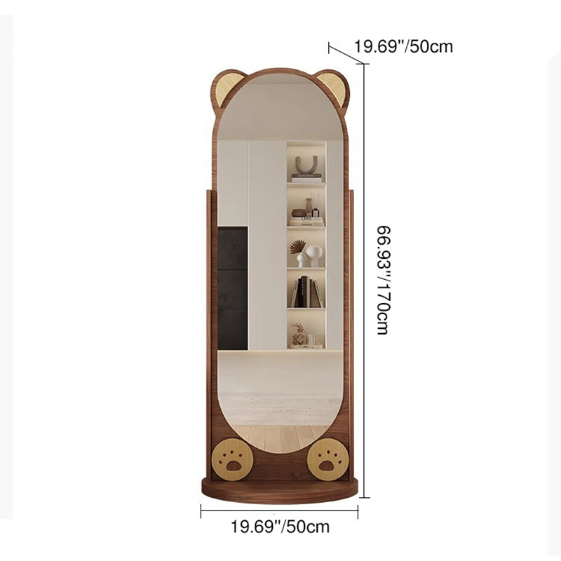 Contemporary Creative Bear-Shaped Rectangular Rubberwood Rotatable Storage Shelf 3-Tier With Mirror For Bedroom