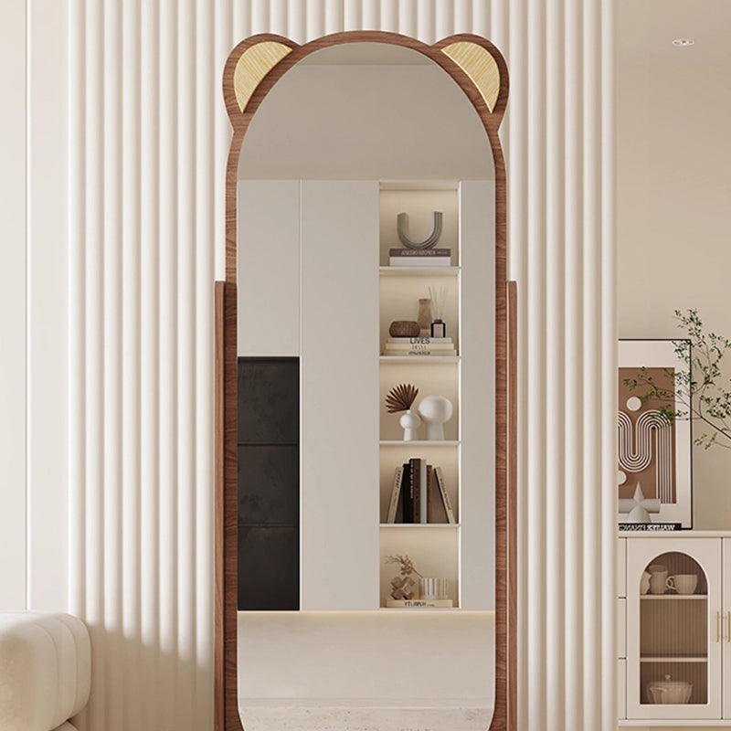 Contemporary Creative Bear-Shaped Rectangular Rubberwood Rotatable Storage Shelf 3-Tier With Mirror For Bedroom