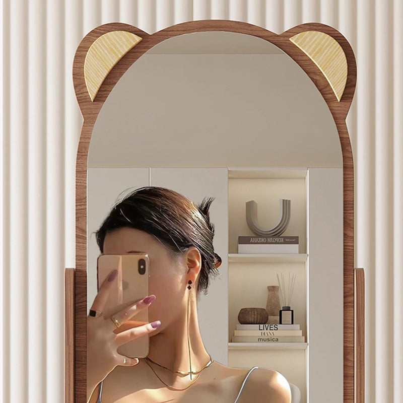 Contemporary Creative Bear-Shaped Rectangular Rubberwood Rotatable Storage Shelf 3-Tier With Mirror For Bedroom