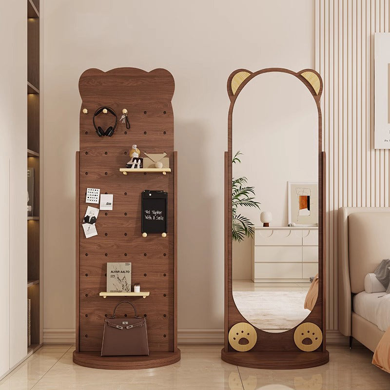 Contemporary Creative Bear-Shaped Rectangular Rubberwood Rotatable Storage Shelf 3-Tier With Mirror For Bedroom