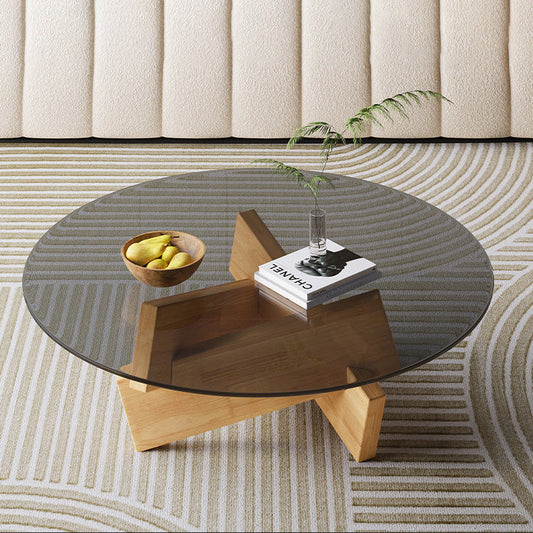 Modern Minimalist Solid Wood Plywood & Tempered Glass Round Mortise Base Coffee Table For Living Room