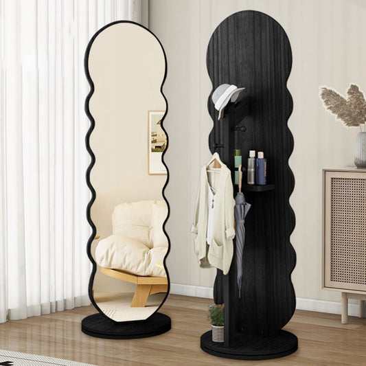 Modern Minimalist Oval Round Wavy Medium Density Fiberboard Glass Rotatable Full-Length Floor Mirror 2-Tier For Bedroom
