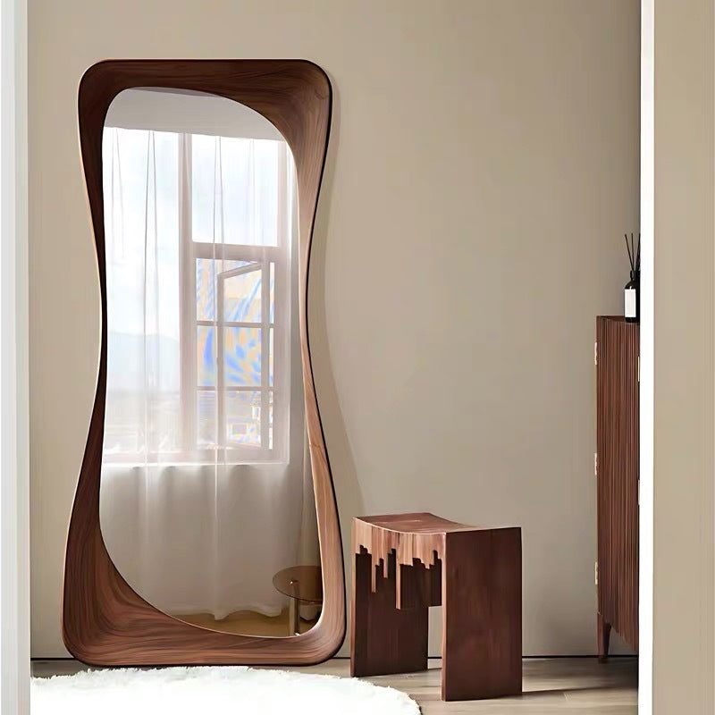 Contemporary Scandinavian Rectangular Rounded-Edge Design Rubberwood Medium Density Fiberboard Tempered Glass Wall Mirror Leaning Full-Length Floor Mirror For Bedroom