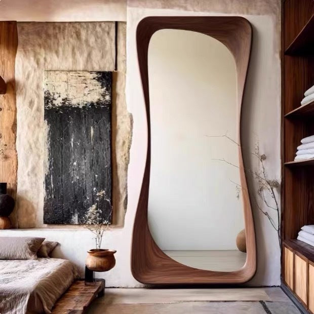 Contemporary Scandinavian Rectangular Rounded-Edge Design Rubberwood Medium Density Fiberboard Tempered Glass Wall Mirror Leaning Full-Length Floor Mirror For Bedroom