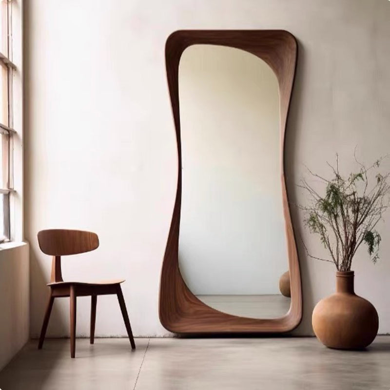 Contemporary Scandinavian Rectangular Rounded-Edge Design Rubberwood Medium Density Fiberboard Tempered Glass Wall Mirror Leaning Full-Length Floor Mirror For Bedroom