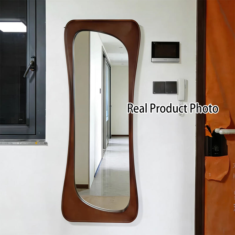 Contemporary Scandinavian Rectangular Rounded-Edge Design Rubberwood Medium Density Fiberboard Tempered Glass Wall Mirror Leaning Full-Length Floor Mirror For Bedroom