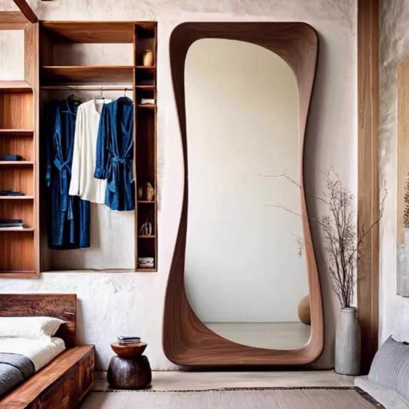 Contemporary Scandinavian Rectangular Rounded-Edge Design Rubberwood Medium Density Fiberboard Tempered Glass Wall Mirror Leaning Full-Length Floor Mirror For Bedroom