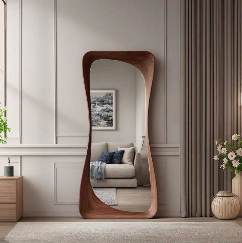 Contemporary Scandinavian Rectangular Rounded-Edge Design Rubberwood Medium Density Fiberboard Tempered Glass Wall Mirror Leaning Full-Length Floor Mirror For Bedroom