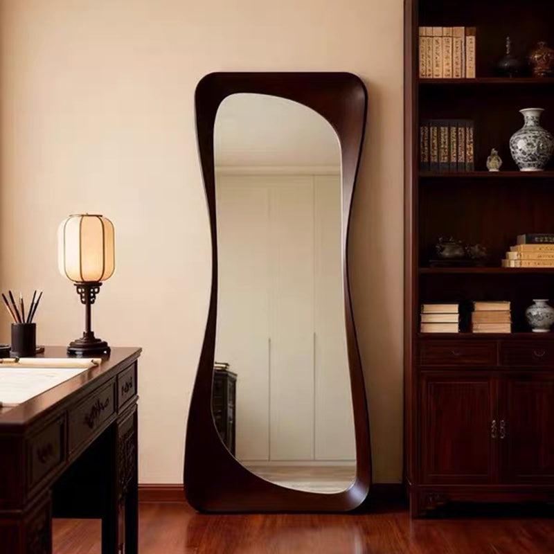Contemporary Scandinavian Rectangular Rounded-Edge Design Rubberwood Medium Density Fiberboard Tempered Glass Wall Mirror Leaning Full-Length Floor Mirror For Bedroom