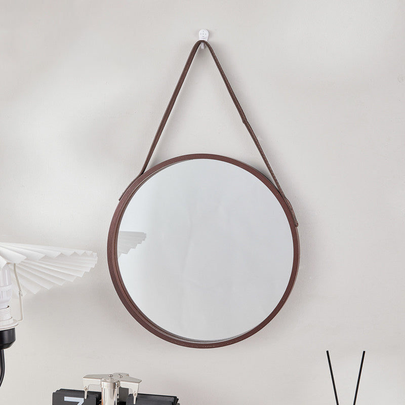 Modern Minimalist Round Faux Leather Medium Density Fiberboard Glass Wall Mirror Hanging Mirror For Bedroom
