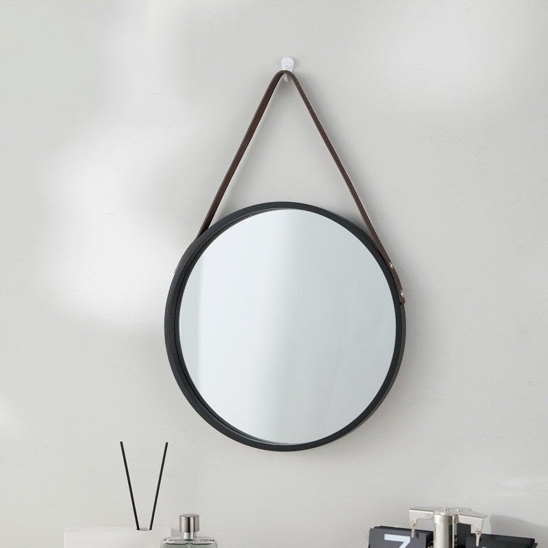 Modern Minimalist Round Faux Leather Medium Density Fiberboard Glass Wall Mirror Hanging Mirror For Bedroom