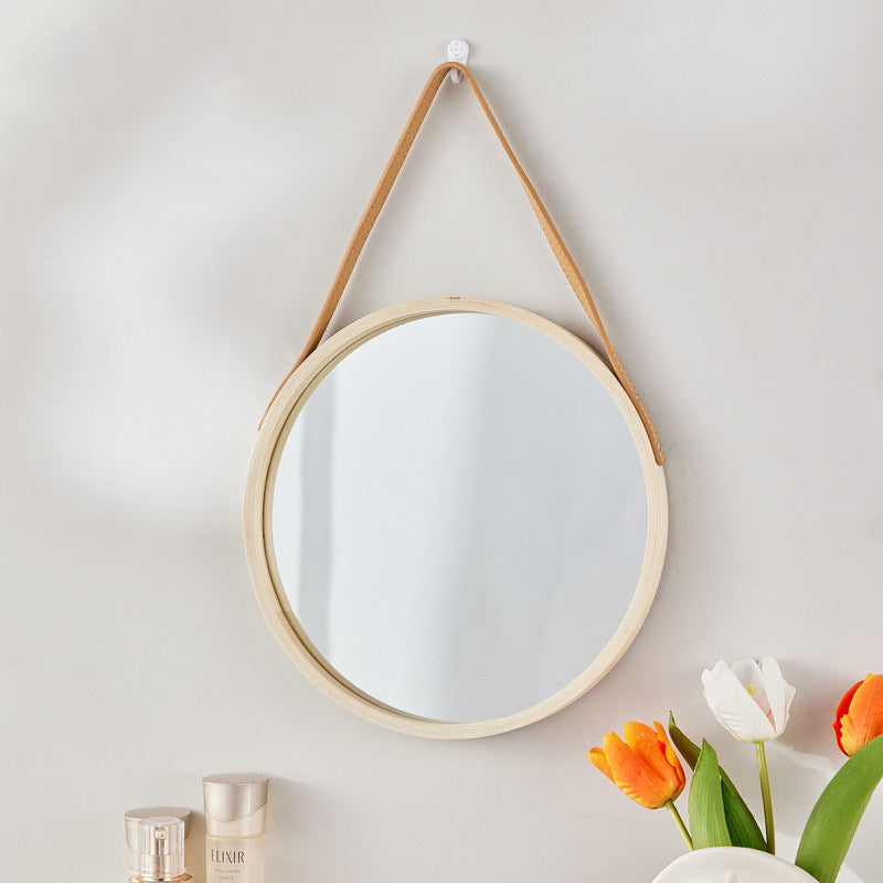 Modern Minimalist Round Faux Leather Medium Density Fiberboard Glass Wall Mirror Hanging Mirror For Bedroom