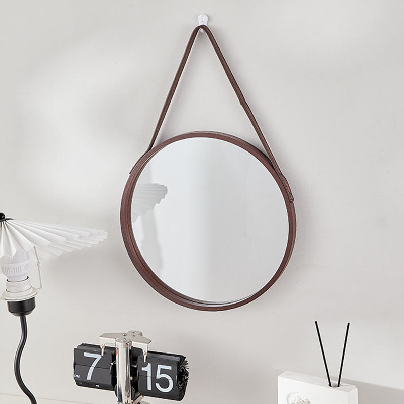 Modern Minimalist Round Faux Leather Medium Density Fiberboard Glass Wall Mirror Hanging Mirror For Bedroom