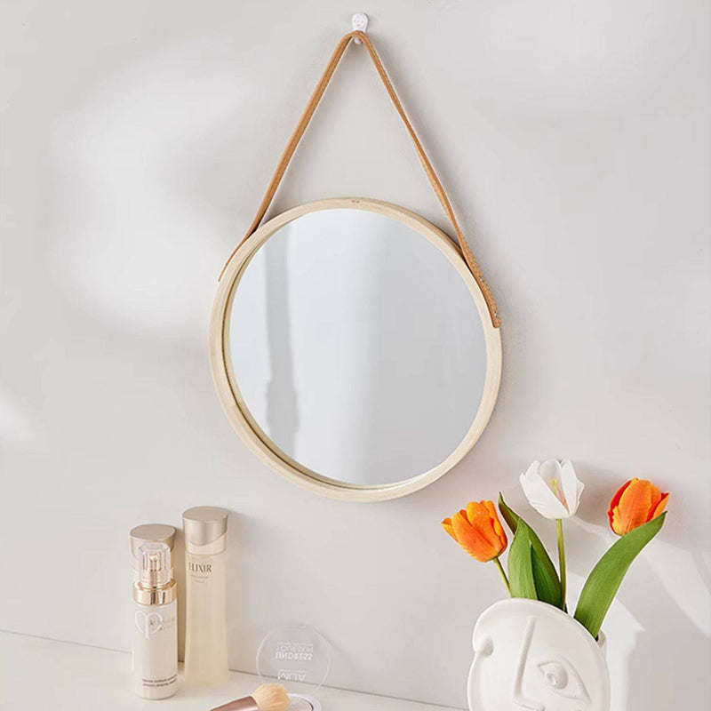 Modern Minimalist Round Faux Leather Medium Density Fiberboard Glass Wall Mirror Hanging Mirror For Bedroom